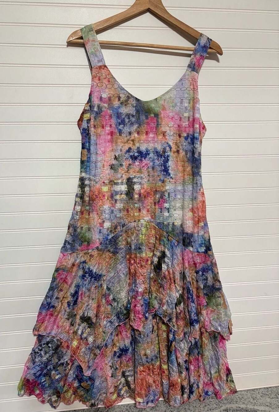 CARINE Paige Dress  Multi-Color Abstract Print Tiered Midi Dress Size L